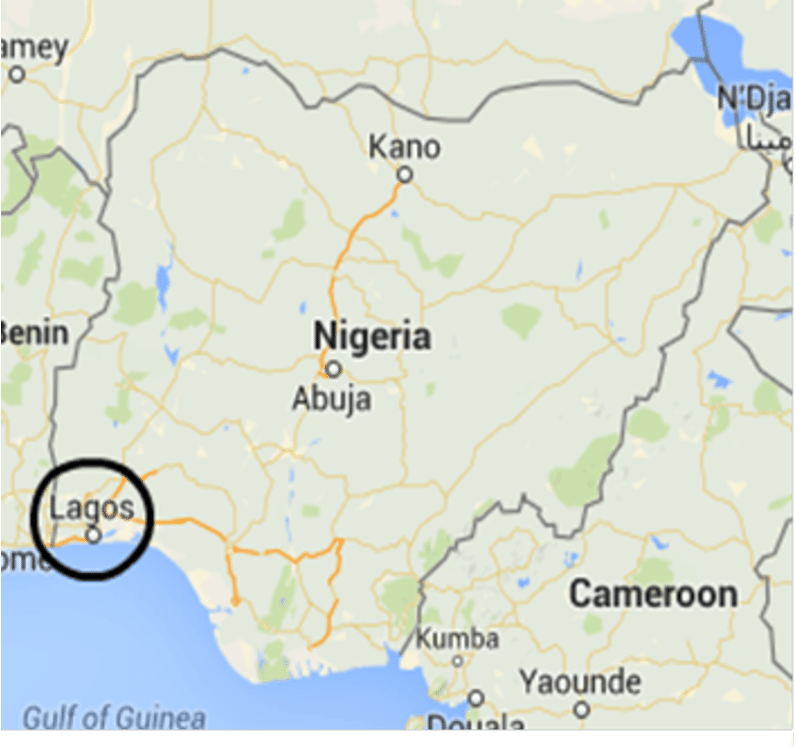 Map of Nigeria with a black circle marking the general area of Lagos 6 Lagos is the