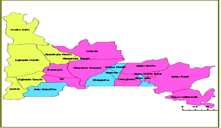 Map of Ogun State Nigeria showing its 20 Local Government Areas