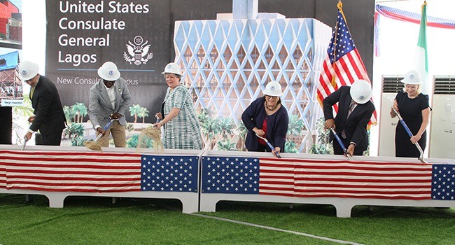 Chief Executive Officer of Pernix Group, Nidal Zayed; Lagos State Governor Babajide Sanwo-Olu; U.S. Ambassador Mary Beth Leonard; U.S. Consul General Claire Pierangelo; Chairman South Energyx, Ronald Chagoury; with African Branch Chief at the Bureau of Overseas Building Operations, U.S. Department of State, Tamela Simpson, during the Groundbreaking Ceremony for the New U.S. Consulate General at the Eko Atlantic City.