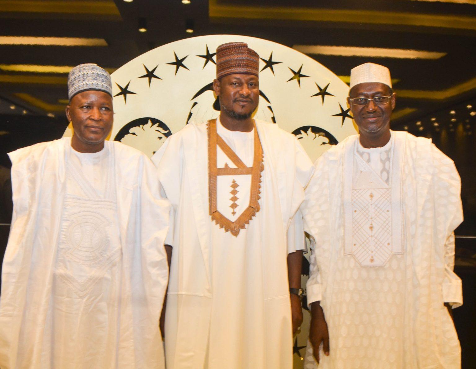 (Middle) Executive Governor of Katsina, Dikko Umar Radda; (Right) Honourabe Minister for Housing and Urban Development, Arc. Ahmed Musa Dangiwa; (Left) Hon. Minister of State for Housing and Urban Development, Engr. Abdullahi Tijjani Gwarzo, during a courtesy visit of the Executive Governor of Katsina State to the Ministry.